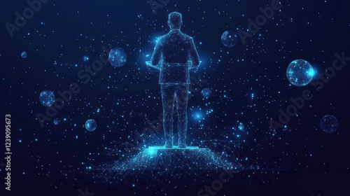 Digital businessman standing on a platform, surrounded by glowing spheres.