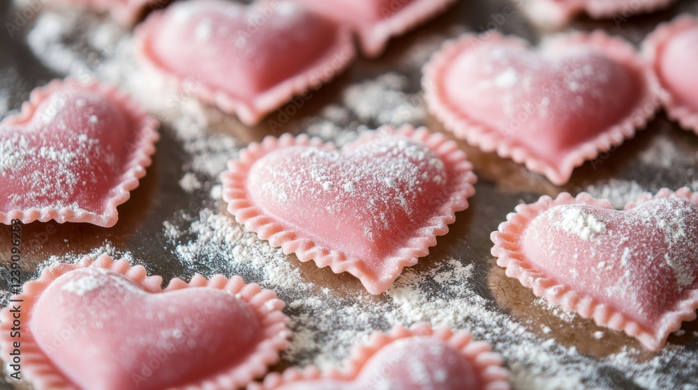Heart-shaped ravioli with pink dough and powdered flour on baking tray Heart-shaped ravioli with pink dough and powdered flour on baking tray