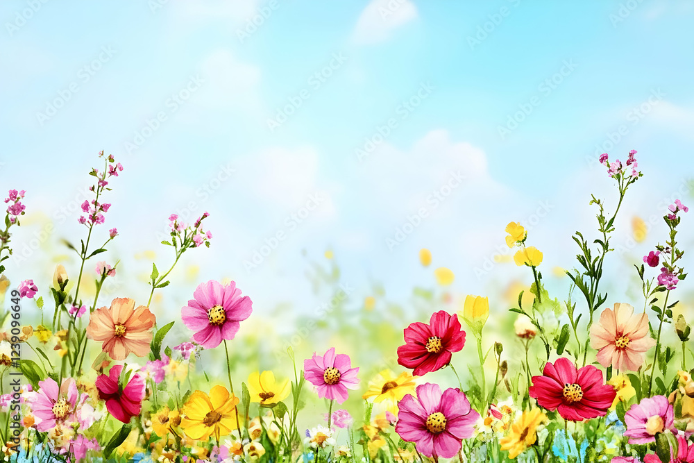 Fototapeta premium A joyful spring banner design featuring a vibrant watercolor arrangement of Mother's Day flowers, perfect for celebration invitations.