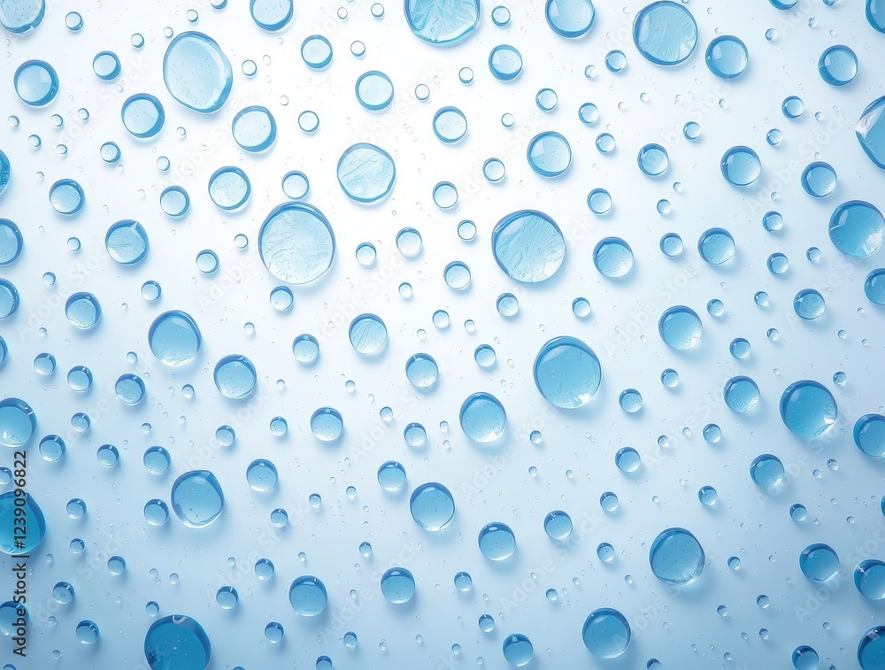 Close-up of water droplets on a clear surface with a soft blue tone Close-up of water droplets on a clear surface with a soft blue tone