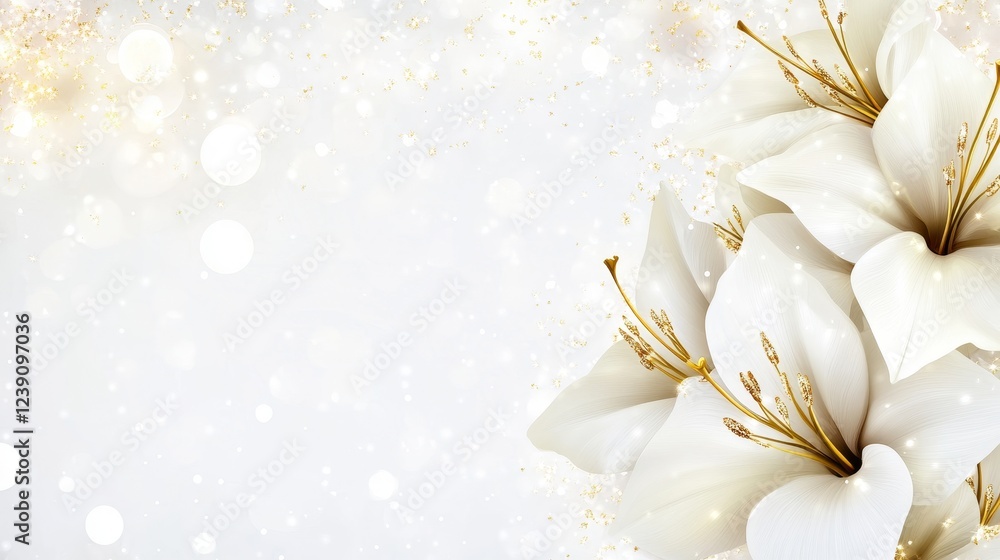 Obraz premium Elegant White Lilies and Gold Accents - Luxury, purity, elegance, serenity, and celebration are symbolized by these textured pearl white lilies with gold accents against a shimmering background.