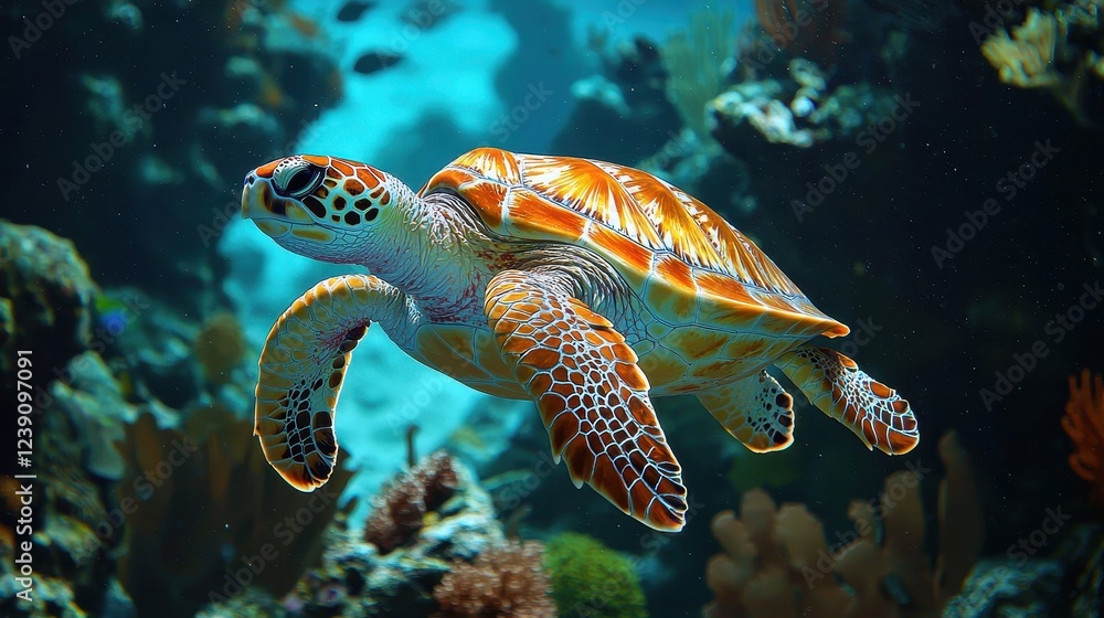 A vibrant sea turtle glides gracefully through a colorful coral reef, showcasing its distinctive shell patterns amidst a serene underwater landscape. A vibrant sea turtle glides gracefully through a colorful coral reef, showcasing its distinctive shell patterns amidst a serene underwater landscape.