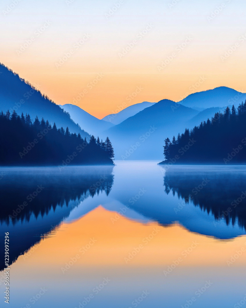 Fototapeta premium Serene lake at sunrise reflecting soft pastel shades and mountains