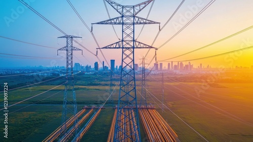 Wallpaper Mural A vibrant sunset view featuring power lines, with a city skyline in the background and fields in the foreground. Torontodigital.ca