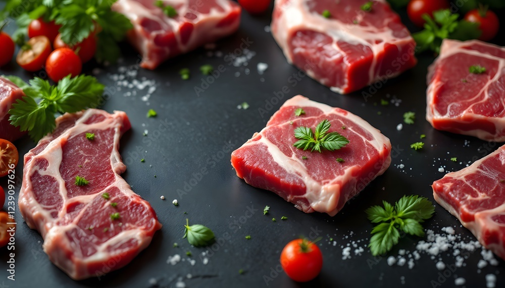 Fototapeta premium Juicy Pork Steaks Ready for Grilling Fresh Herbs and Tomatoes