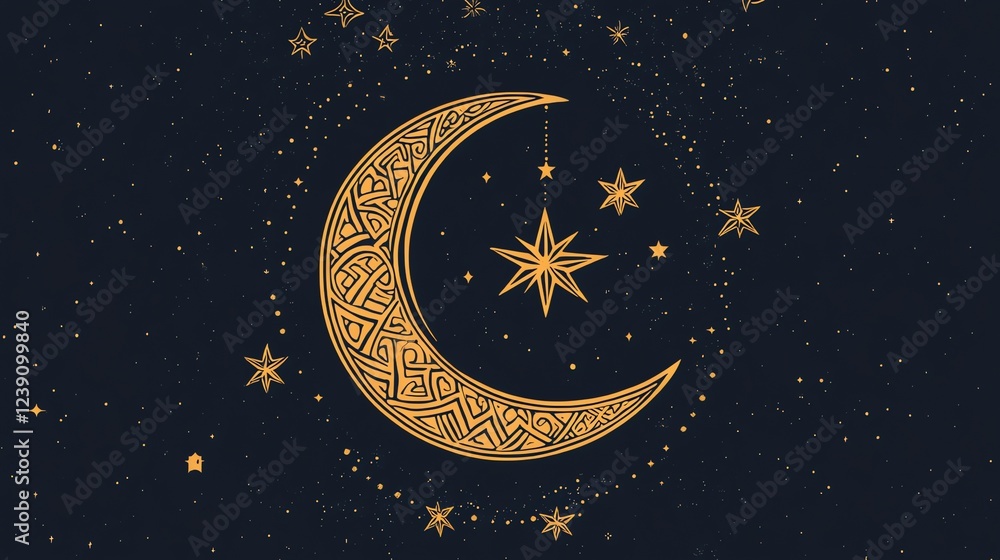 Naklejka premium Celestial Moon and Stars: Night Sky Design, Ornate Crescent, Golden Pattern, Cosmic Background, Starry Night