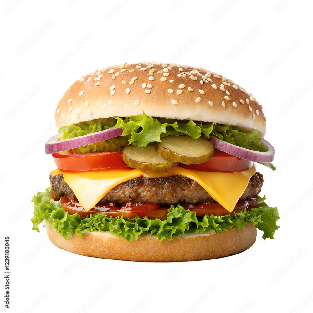 A cheeseburger with layers of toppings on a transparent background A cheeseburger with layers of toppings on a transparent background