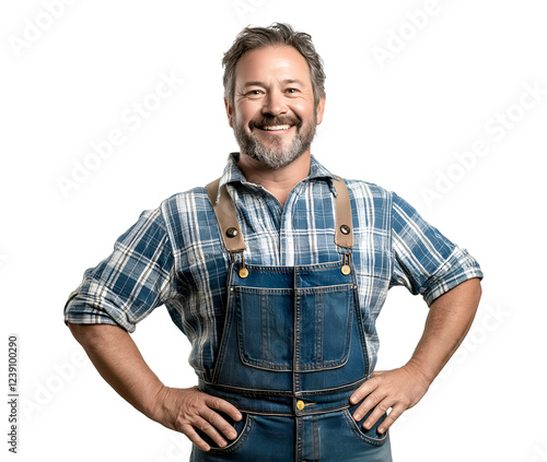 Smiling middle-aged man with a beard posing in a flannel shirt and denim overalls, hands on his hips with an open smile, creating a friendly and approachable feel, isolated on transparent background