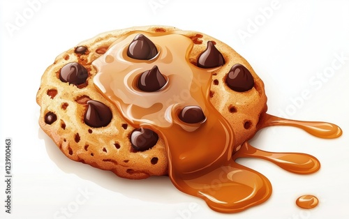 Melting Chocolate Chip Cookie Floating with Streams of Caramel Sauce on a White Background