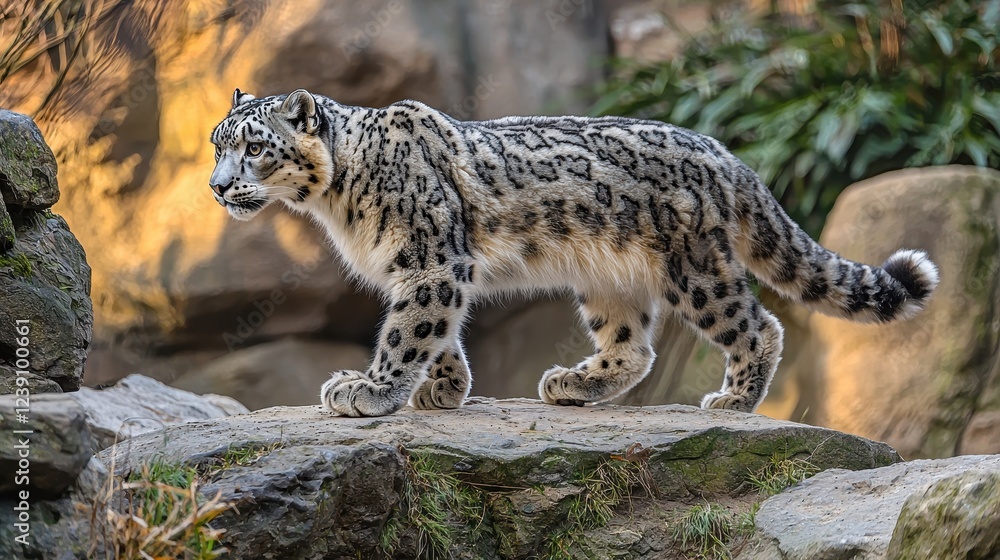A majestic snow leopard walks gracefully over rocky terrain, showcasing its stunning spotted coat against a natural backdrop. A majestic snow leopard walks gracefully over rocky terrain, showcasing its stunning spotted coat against a natural backdrop.