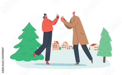 Young Couple Christmas Fun, Male and Female Characters in Warm Clothes Enjoying Winter Drinks. People Drinking Beverages