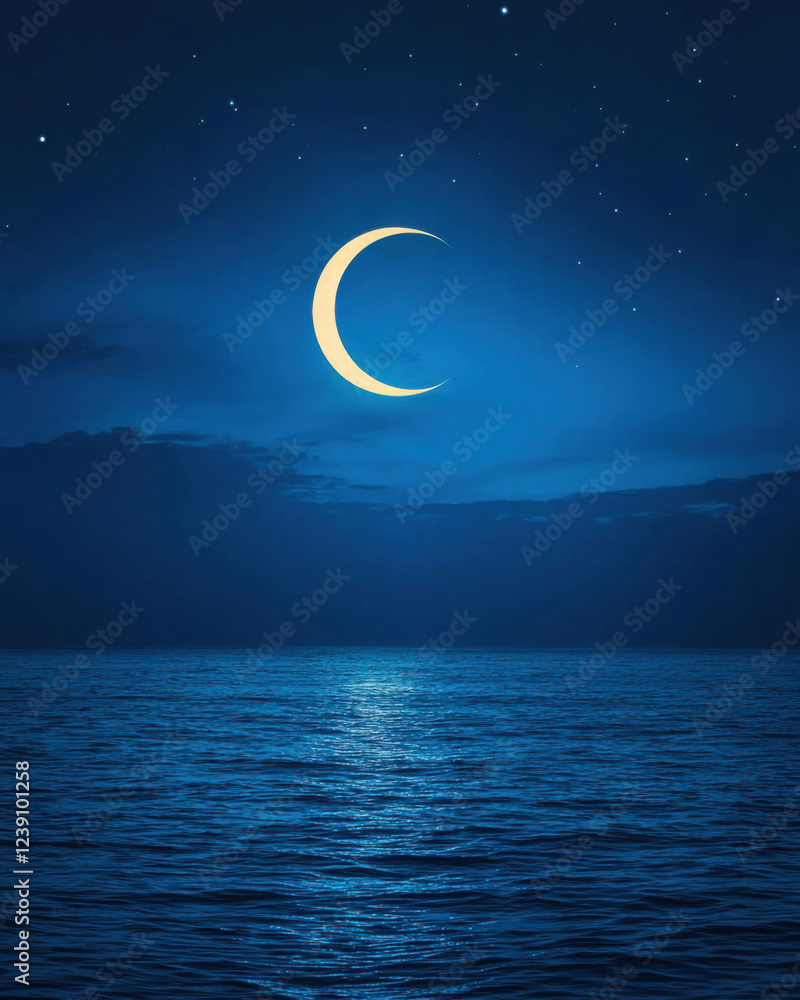 Naklejka premium serene crescent moon reflects on calm ocean waters under starry sky
