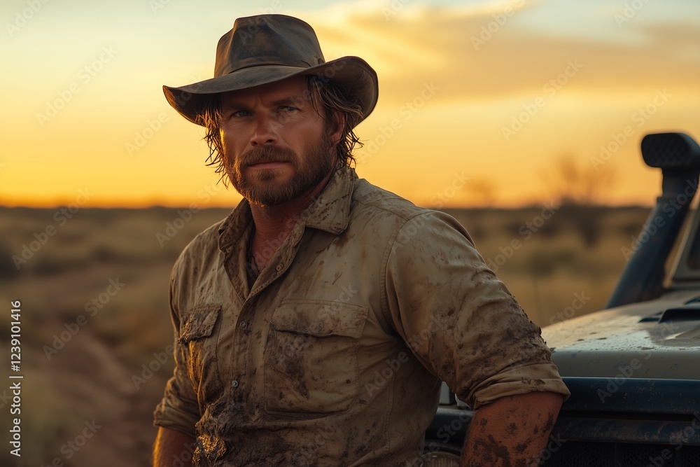 Fototapeta premium A rugged adventurer wearing a classic outback hat stands confidently in front of an off-road vehicle, bathed in the golden glow of the setting sun.
