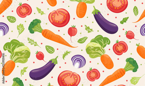 wallpaper pattern with vegetables illustration flat lay on beige background