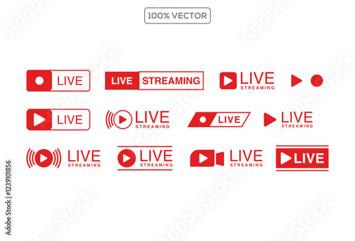 set of Live streaming red icons. Play button icon vector template