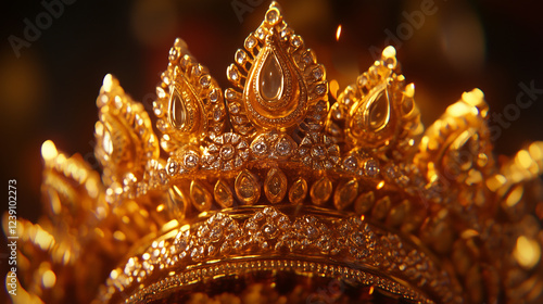 LakshmiÃ¢ÂÂs golden crown adorned with sparkling jewels, with soft temple lighting enhancing its intricate carvings photo