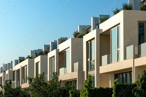 Modern beige townhouses with rooftop gardens under a blue sky.