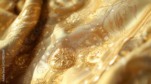 A close-up of LakshmiÃ¢ÂÂs golden sari, with rich textures and embroidery reflecting divine light photo