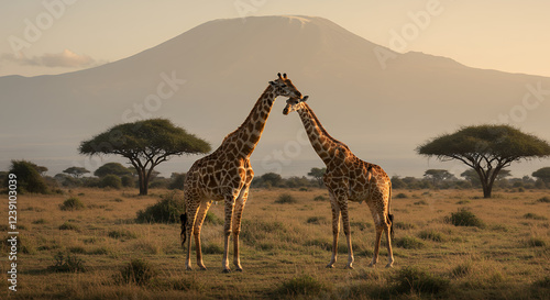 Giraffe Couple at Sunset, African Savanna, Mount Kilimanjaro photo