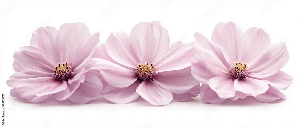Fototapeta premium Three pale pink cosmos flowers in a row against a white background soft and delicate