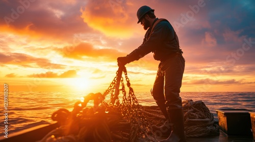 A fisherman skillfully working with his fishing gear on his boat at sunset, symbolizing the dedication of those who depend on the sea for their livelihoods. photo