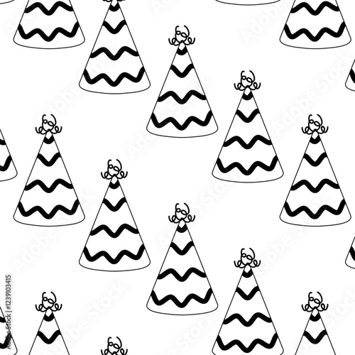 Many festive party hats with black stripes on a white background created for celebration themes