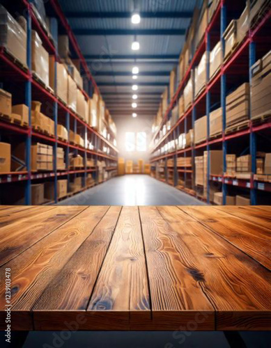 Wallpaper Mural Empty table with blurred warehouse background, organized shelves, and boxes in the background for product display Torontodigital.ca