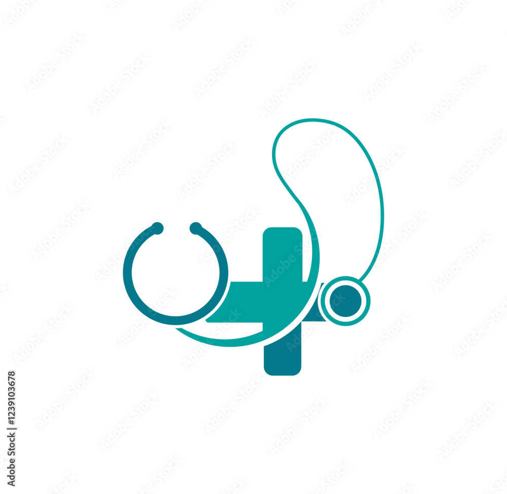 Fototapeta premium Medical care cross logo with stethoscope equipment around.