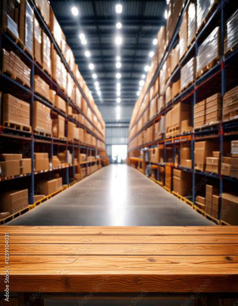Empty table with blurred warehouse background, organized shelves, and boxes in the background for product display Empty table with blurred warehouse background, organized shelves, and boxes in the background for product display