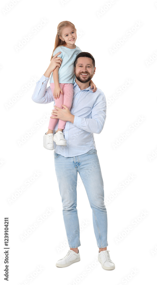 Happy father with his cute little daughter on white background Happy father with his cute little daughter on white background
