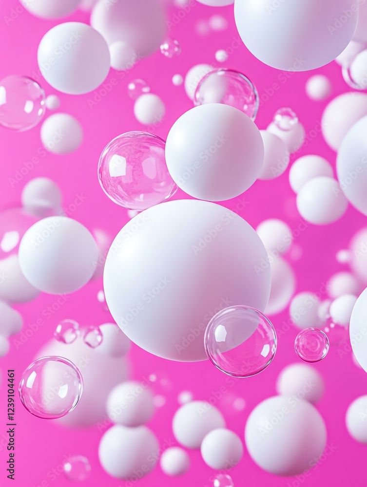 Pink Bubbles and White Spheres - Abstract image symbolizing lightness, purity, joy, cleanliness, and fantasy. Floating spheres against a vibrant pink backdrop. Pink Bubbles and White Spheres - Abstract image symbolizing lightness, purity, joy, cleanliness, and fantasy. Floating spheres against a vibrant pink backdrop.