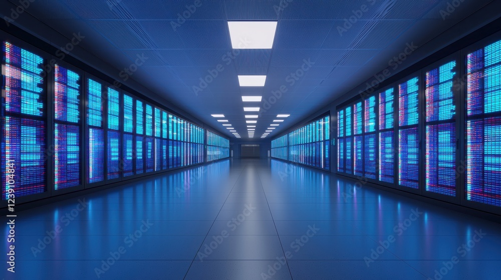 A futuristic data center hallway illuminated by blue lights, showcasing rows of servers and a sleek, modern composition. A futuristic data center hallway illuminated by blue lights, showcasing rows of servers and a sleek, modern composition.