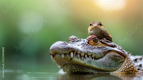 A captivating close-up of a crocodile navigating calm waters, accentuated by a small bird atop its head, portraying an unusual yet fascinating animal bond in nature.