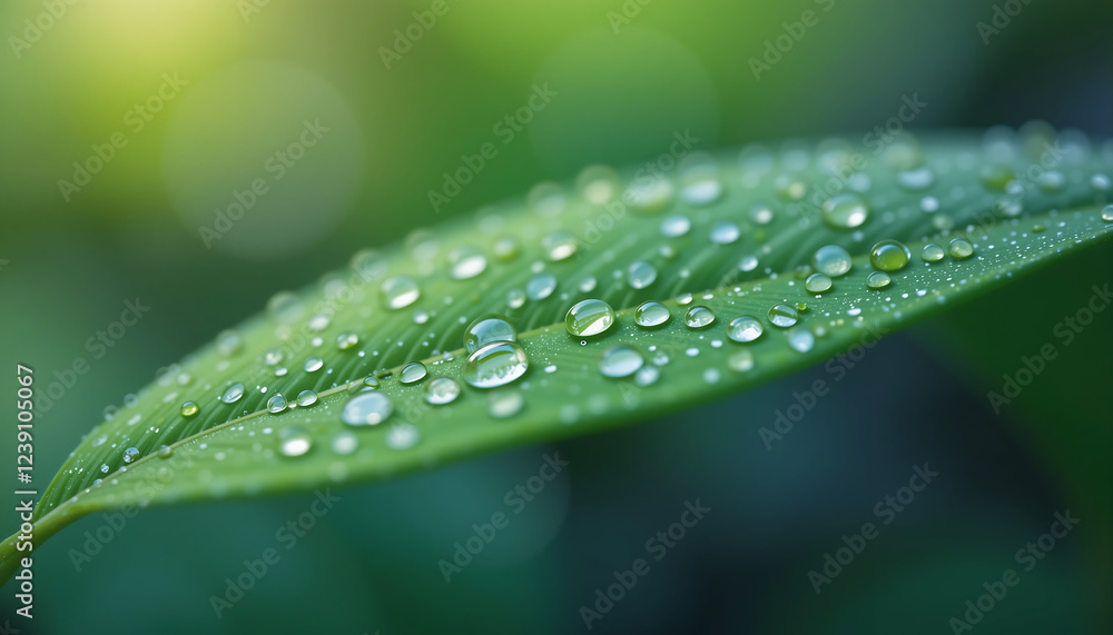 Dew droplets collect on a green leaf in a forest at dawn Dew droplets collect on a green leaf in a forest at dawn