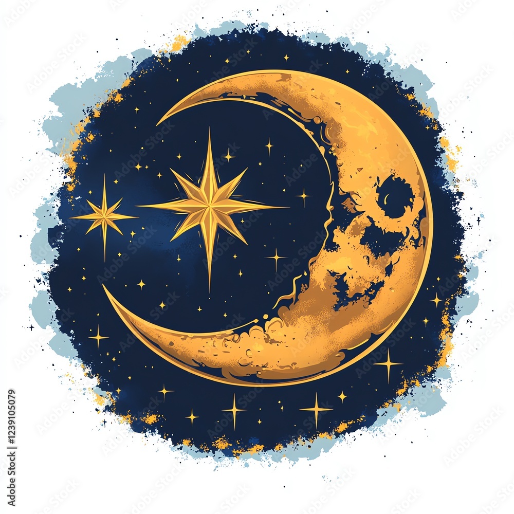 Naklejka premium Celestial Crescent Moon and Bright Star Shine Nightly in Deep Space with Golden Hues, Mystical Cosmic Art