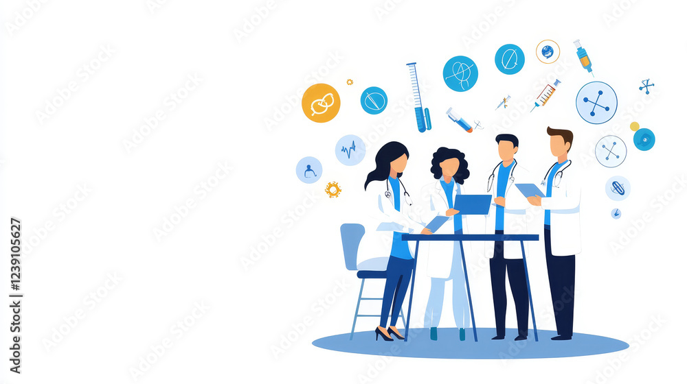 Medical Team Collaboration - A team of doctors collaborates around a table, surrounded by medical icons. Represents healthcare teamwork and innovation. Medical Team Collaboration - A team of doctors collaborates around a table, surrounded by medical icons. Represents healthcare teamwork and innovation.