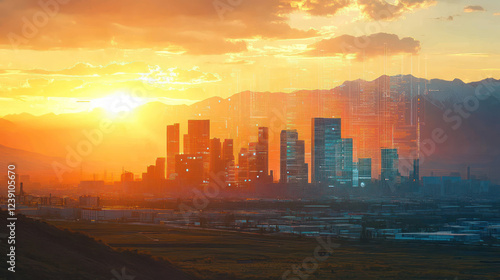 modern urban landscape with sunset prime time light, detailed financial data charts photo