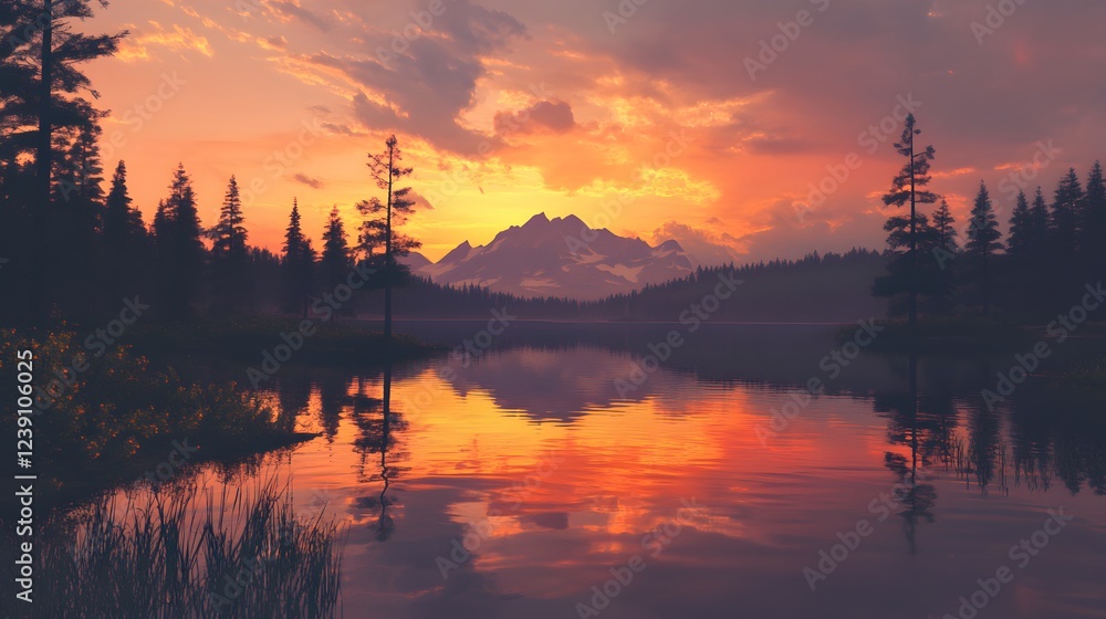 Fototapeta premium Serene sunset over calm lake, vibrant hues reflecting on water, surrounding pine trees creating a tranquil atmosphere.