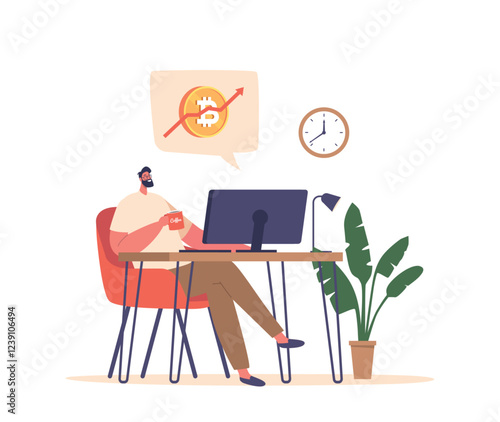 Engrossed At His Desk, Man Character Sips Coffee While Monitoring A Computer Screen Displaying A Rising Cryptocurrency
