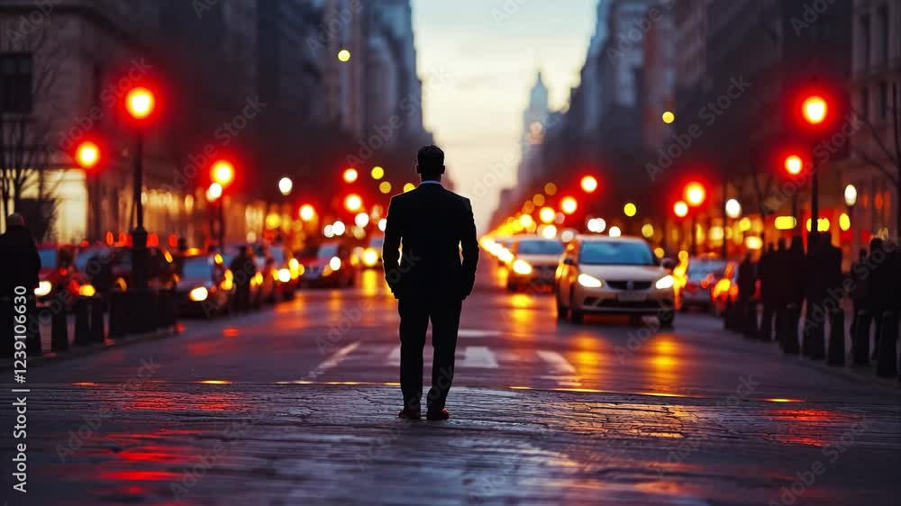 Young businessman walking on a busy street at dusk, with cars passing by. Perfect for corporate and urban lifestyle themes. Young businessman walking on a busy street at dusk, with cars passing by. Perfect for corporate and urban lifestyle themes.