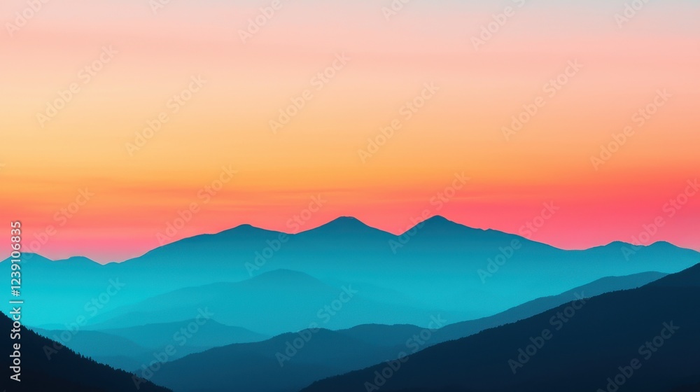Obraz premium Serene mountain landscape at sunset, showcasing vibrant hues of pink and blue against the silhouette of distant peaks.
