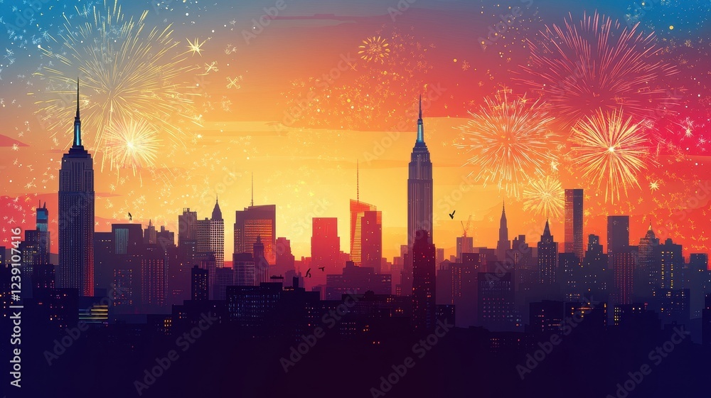 Fototapeta premium Festive Fireworks Display Over New York City Skyline