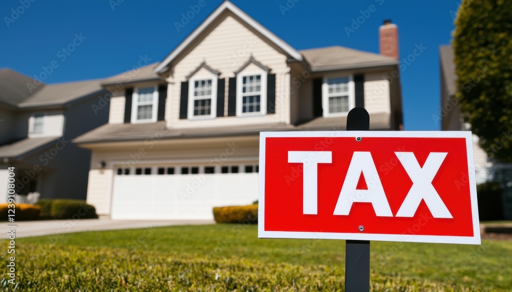 A suburban home with a bright red sign that reads A suburban home with a bright red sign that reads