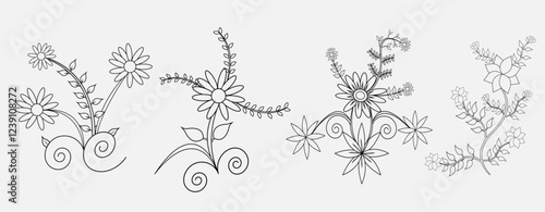 vector Colorful Flowers and plants Bundle, hand drawn pattern for embroidery elements, flowers kids and adults flower illustration element