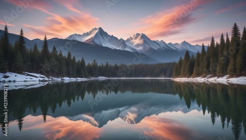 Un sereno paisaje montañoso con picos nevados, un lago tranquilo y un vibrante cielo al atardecer. El primer plano presenta un denso bosque de pinos reflejado en las tranquilas aguas, creando una esce photo