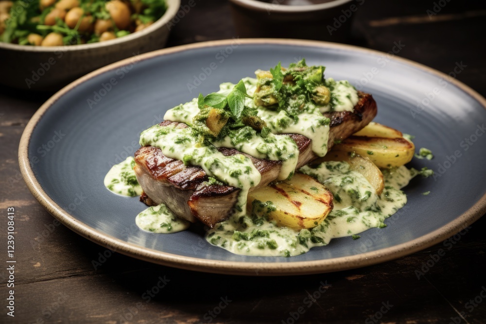 Celeriac Steak with Herb Sauce - Vegan and Vegetarian Meal on Plate with Roasted Celeriac and Capers Celeriac Steak with Herb Sauce - Vegan and Vegetarian Meal on Plate with Roasted Celeriac and Capers