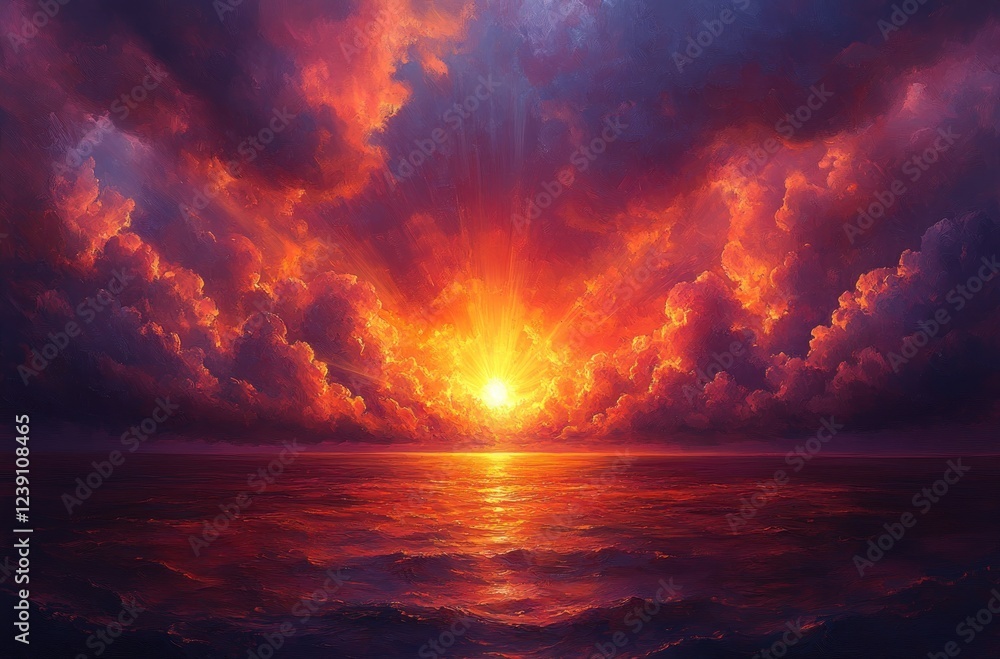 Impressionistic Fantasy Sunset Sky with Swirling Clouds and Dynamic Light Rays Impressionistic Fantasy Sunset Sky with Swirling Clouds and Dynamic Light Rays