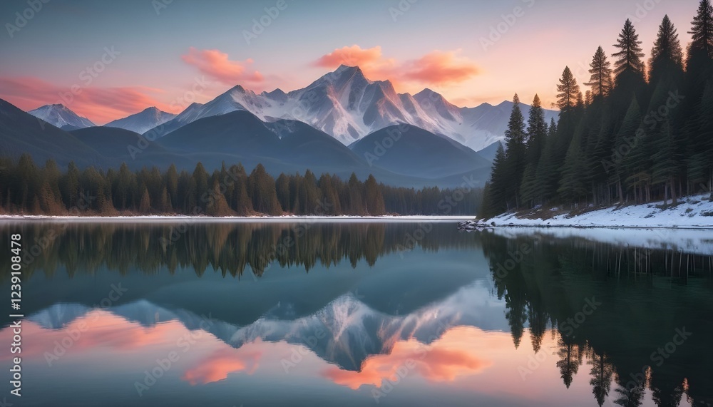 Fototapeta premium Un sereno paisaje montañoso con picos nevados, un lago tranquilo y un vibrante cielo al atardecer. El primer plano presenta un denso bosque de pinos reflejado en las tranquilas aguas, creando una esce