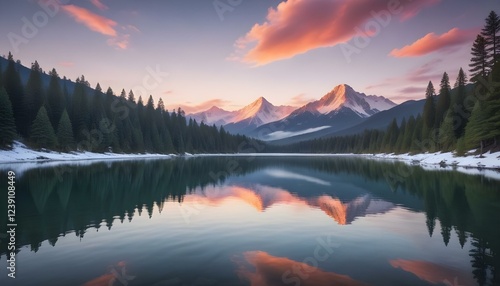 Un sereno paisaje montañoso con picos nevados, un lago tranquilo y un vibrante cielo al atardecer. El primer plano presenta un denso bosque de pinos reflejado en las tranquilas aguas, creando una esce photo