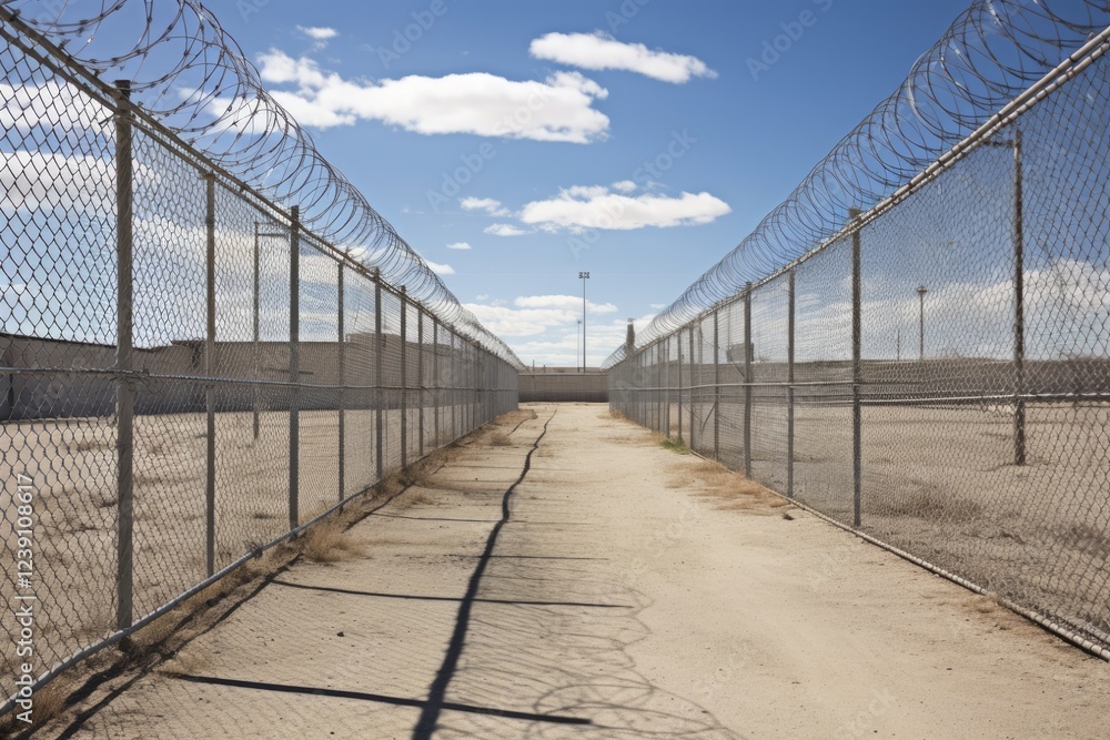 Fototapeta premium Chain Link Fence Surrounds Death Row Exercise Yard at Idaho State Penitentiary, USA